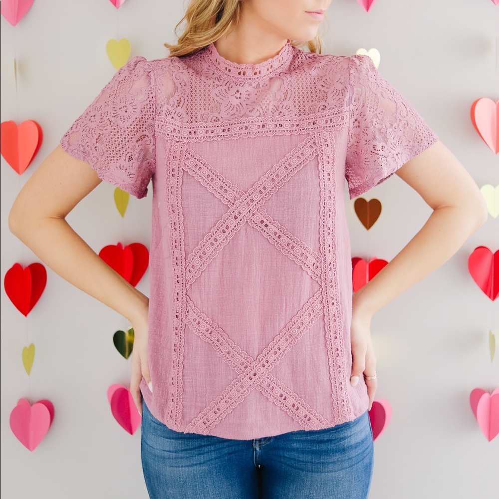 FINAL PRICE❗️Diamonds + Lace Mock Neck Pink Blouse - Picture 1 of 8